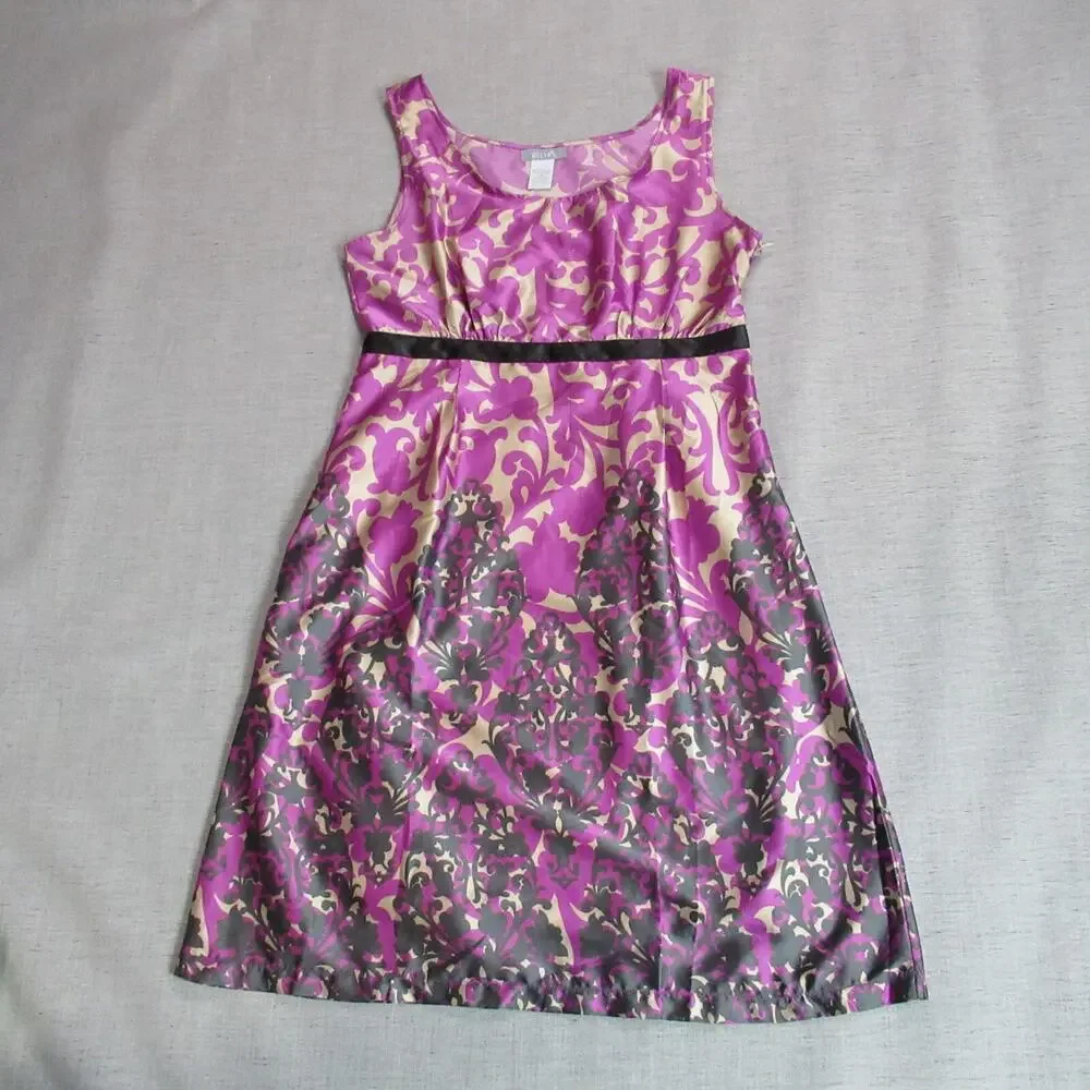 dELiAs Dress Womens Size 9 Purple Gray Tan Satin Conservative Elegant Cocktail